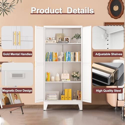 Image of winiowa Metal Pantry Cabinet with 2 Doors and Adjustable Shelves, Kitchen Storage cabinets with Gold Handles, Versatile Storage for Laundry /Living Room,Bathroom,Dinning Room-White
