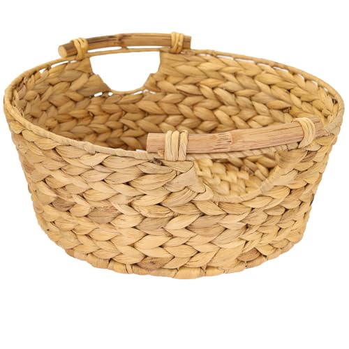 HMF Cesta redonda de almacenamiento, cesta de regalo vacía trenzada de jacinto de agua con asas de madera, 30 x 12 cm