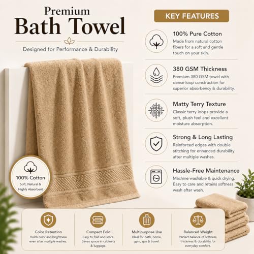 Image of 100% Pure Cotton Bath Towel for Men & Women | 380 GSM Ultra Soft, Highly Absorbent & Quick Dry Bath Towel | Large 55 x 28 Inch Matty Terry Towel for Bathroom, Gym, Travel & Daily Use | Light Brown