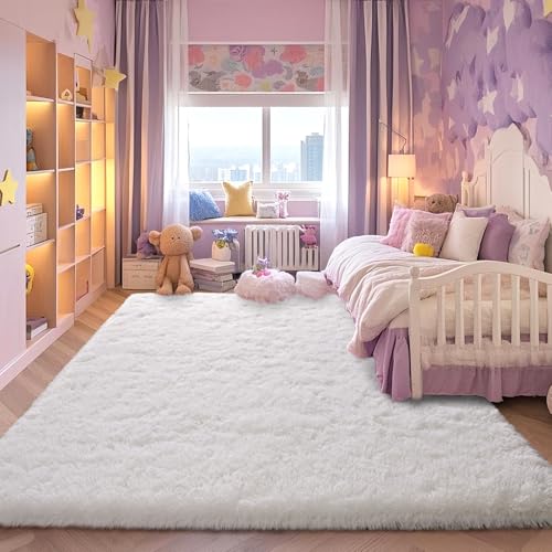 White Fluffy Rugs for Living Room 5x7 ft - Ultra Soft Faux Fur Area Rug - Plush Non-Slip Shaggy Carpet for Bedroom, Kids Boys Girls Dorm Nursery Room