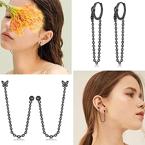 Kakonia 4 Pairs Chain Earrings Set for Women CZ Dangle Earrings Huggie Wrap Earrings with Chain Double Piercing Tassel Dangle Drop Chain Earrings Small Hoop Earrings With Long Chain Cuff Earrings