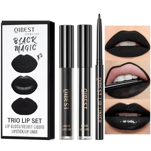 Negro Líquido Pintalabios, Delineadores de Labios, 3Pieza Líquido Pintalabios, Juego de Lápiz Labial Líquido sin Brillo, Lápiz Labial Líquido Negro Mate, Juego de Lápiz Labial de Regalo de Maquillaje