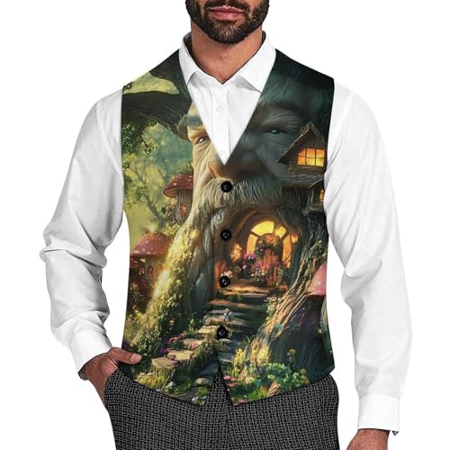 Magic Mushroom Fairy Forests Men's Suit Vest Slim Fit Business Dress Party Pattern Waistcoat Vest Top