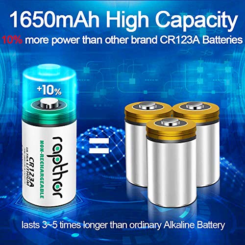rapthor CR123A 3V Lithium Batteries CR17345 16 Pack 1650mAh High Power 123A 10 Year Shelf Life Non-Rechargeable CR123 Photo Battery 123 for Flashlight Toys Alarm System Microphones (Not for Arlo) - Thumbnail 2