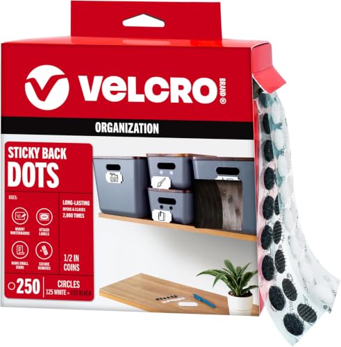 Image of VELCRO Brand Dots with Adhesive | 250 Sets White and Black Assorted | Preschool Classroom Must Haves-| Sticky Back Circles Perfect for Teachers-| 1 /2 Inch Round Tape (VEL-40031-USA),(Pack of 12)