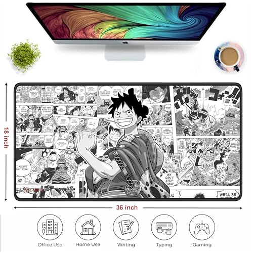 Image of Pirate Anime Mouse Pad 18x36 Inch 3mm Extended Gaming Desk Mat with Anti-Slip Rubber Base Mousepad for Smooth Surface Desk pad for PC & Laptop Use Waterproof & Stiched (Black /White) Deskpad
