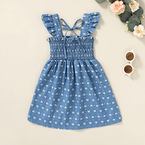 Jeelligular Toddler Dress Ruffle Sleeveless Button Down Denim Dress For Toddler Girl Dress Summer Beach Casual A-Line Sundress (5T-6T,Denim+Bow Kont Printing) #TOP2