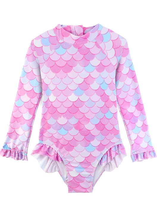 Image of Baby Toddler Girl Long Sleeve Ruffle Swimsuit One Piece Zipper Rash Guard Bathing Suit with UPF 50+ Sun Protection