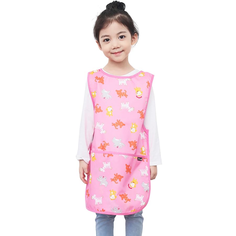 Kids Waterproof Art Tabard | Sleeveless Messy Play Painting Smock for Toddlers | Size SโXL | Kids Artist Apron for School, Daycare, Crafts, Pink Animal (04-M) โ image 1