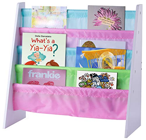 Basicwise 4 Tiered Colorful Lined Kids' Sling Magazine Book Rack, Multi