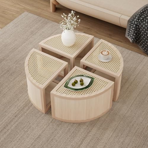 Round to Square Block Modular Coffee Table, Simple Natural Rattan