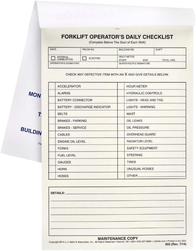 Forklift Operator Daily Checklist 25-pk. - Book Format with 31 Sets, 2-Ply with Carbon, 5.5" x 8.5", Safety & Maintenance Forklift Checklist Inspection Book, J. J. Keller & Associates, Inc.