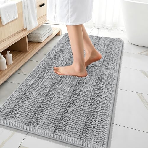 Image of OLANLY Thick Bathroom Runner Rugs 47x20, Extra Absorbent Chenille Striped Bath Rugs, Rubber Backing, Machine Wash Dry, Long Bath Mats for Bathroom, Tub and Shower, Home Decor Accessories, Light Grey
