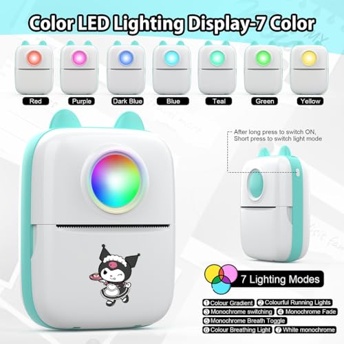 Image of ZEITEL Mini Bluetooth Thermal Printer with LED, Portable Label Inkfree Mini Printer for Android & iOS System, Black on White Thermal Printer with 13 Roll of Paper, 5 Color Pen, 1 Kuromi Sticker, Blue