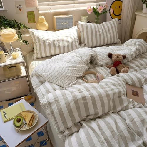 Image of Striped Duvet Cover Queen Size Khaki White Stripes Reversible Bedding Set Vertical Striped Duvet Cover Set Soft Lightweight Microfiber Quilt Cover with Zipper Closure and 2 Pillowcases