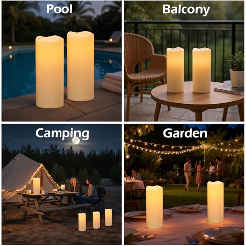 Image of GenSwin Outdoor Candles with Timer Waterproof, Large Pillar Battery Operated Candles with Remote Timer, 12 inch x 5 inch LED Flameless Candle for Indoor Outdoor Lanterns Patio, IP65 Waterproof (Set of 2)