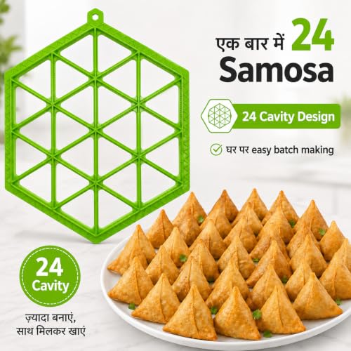 Image of Samosa Maker Mould, 24 Cavity Samosa Tray, ABS Plastic - Green | Sealing dots, ABS plastic body, makes 24 samosas at once; keep filling away from edges for better sealing, Made in India