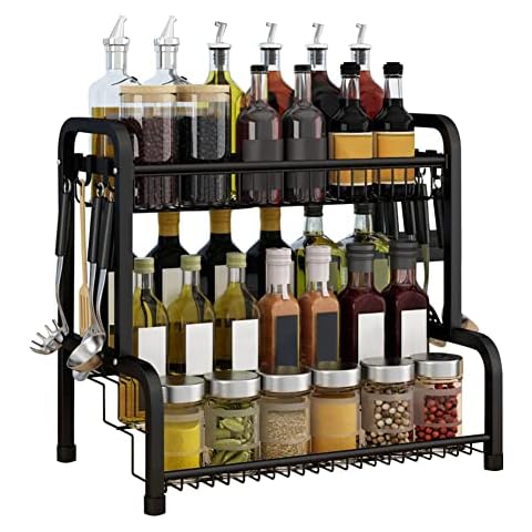 Redwestmelon 4 Tier Spice Rack with 8 Hooks - Kitchen Seasoning Shelf Countertop Standing Storage Organizer - Pantry Bathroom Cabinet Spice Holder Black Rack with Stepped Design Cover