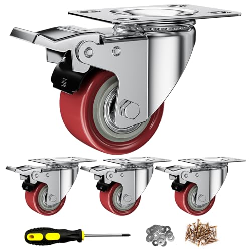Image of 2 Inch Caster Wheels, Casters Set of 4, ASHGOOB Red Polyurethane (PU) Casters with Brake Heavy Duty, Industrial Locking Swivel Top Plate Castor Wheels for Workbench /Furniture /Cart