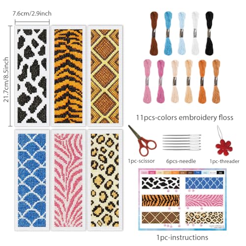 Image of INFUNLY 6pcs Animal Textures Cross Stitch Bookmark Kit for Beginners DIY Leopard Print Embroidery Bookmark Kits Zebra Stripes Needlepoint Kit with Instruction Easy Cross Stitch Set for Book Readers