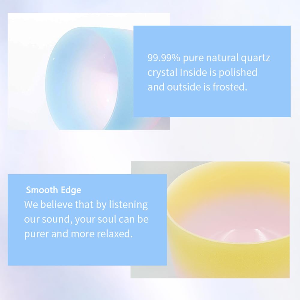 Hye-eun Kristall - Juego de cuencos de sonido de 7 piezas, 432 Hz, 10,9-30,5 cm, con arco iris bicolor – Cuenco de sonido de cuarzo, bolsa de transporte y palo de piel de oveja para yoga, meditación y