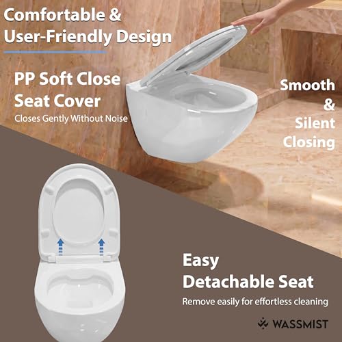 Image of WASSMIST Wall Hung Western Toilet | Rimless Ceramic Commode for Bathroom | Modern Stylish Sanitary Ware for Home | Space-Saving Toilet Bowl for Comfort & Hygiene