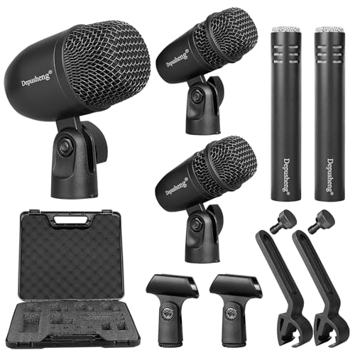 Depusheng 5-częściowy zestaw mikrofonowy do baterii z 3 dynamicznymi mikrofonami perkusyjnymi i 2 mikrofonami pojemnościowymi do nagrywania instrumentów i produkcji muzyki