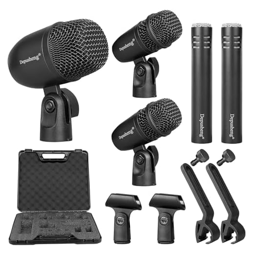 Depusheng Juego de micrófono de batería de 5 piezas con 3 micrófonos dinámicos de percusión y 2 micrófonos de condensador de percusión, ideal para grabación de instrumentos y producción musical
