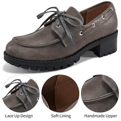 Image of Ablanczoom Platform Oxford Shoes for Women : Lace Up Women's Platform Chunky Loafers with Lug Sole Dress Shoes for Work Business Taupe