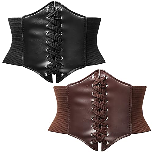 UZSXHJ 2 Piezas Cinturón Ancho Elástico Corsé Atado Cintura Corsé de Cordones Cinturón Negro Cinturón Elástico de Encaje Retro Corset Aplicar Las Mujeres Corsés Vestidos de Fiesta Juego Cover