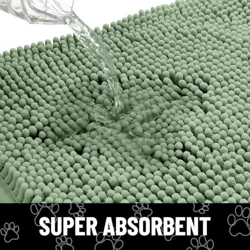 Image of Smiry Dog Door Mat for Muddy Paws, Absorbent Dirt Trapper Non Slip Quick Dry Washable Chenille Mat for Mud Dogs, Entry Rug for Indoor and Outdoor (40x32 Inches, Olive Green and Black)