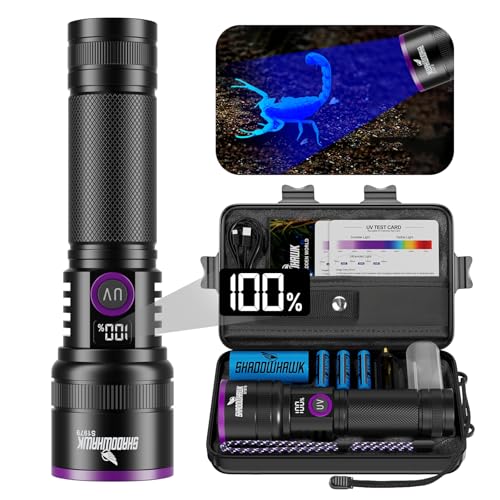 Shadowhawk 365nm UV Torch With Filter Lens - 30W Black Light 4-Core Rechargeable Ultraviolet Flashlight UV Light For Pet Urine Detection/Resin Curing/Rocks/Golf Ball Finder/Scorpion With LCD Display