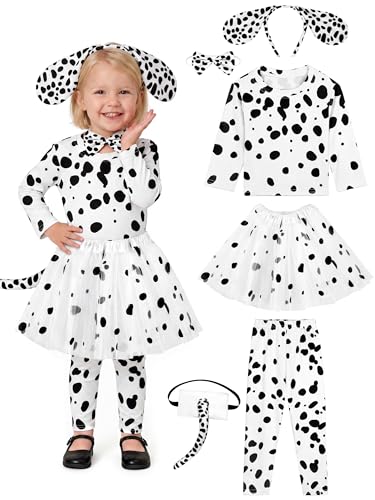 AOTHSO 6 Pieces 101 Days of School Girls and Toddlers Dalmatian Dog Costume Set Headband Long Sleeve Pants Tail Tutu Skirt