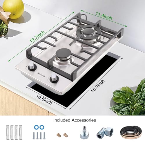 Image of 2 Burner Gas Cooktop, 12 Inch Built-in Gas Stove Top, NG /LPG Convertible Stainless Steel Propane Stove, Electronic Auto Ignition & Heavy-Duty Cast Iron Grates for Kitchen, Apartment, RV, Outdoor