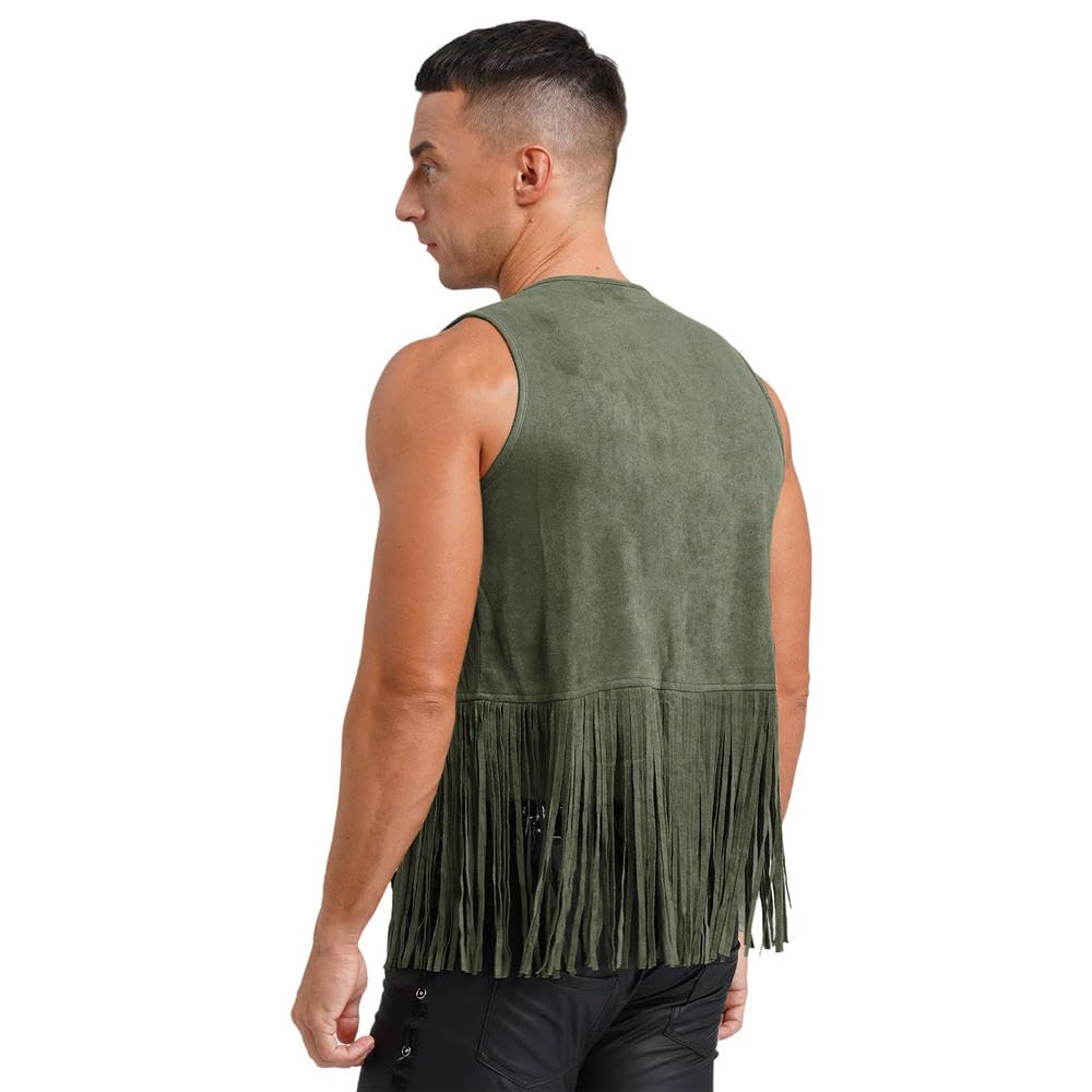 ZBDP Herrenweste Cowboy, Vintage-Stil, Kunstwildleder, Quasten, offene Vorderseite, Nieten, Fransen, Weste, Jacke, Festival, Rave, Party, Clubwear