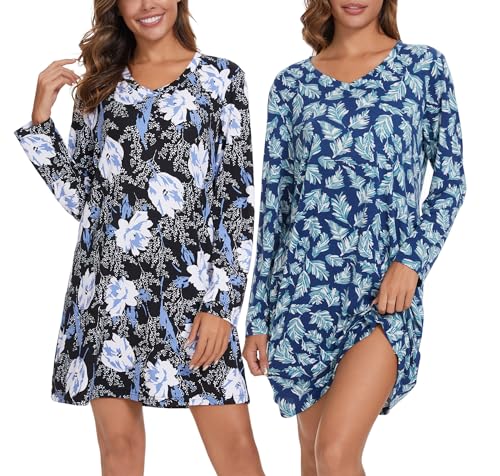 Image of Kabento 2 Pack Long Sleeve Nightgowns for Women Soft Cotton Night Gowns Sleepwear V Neck Nightshirts