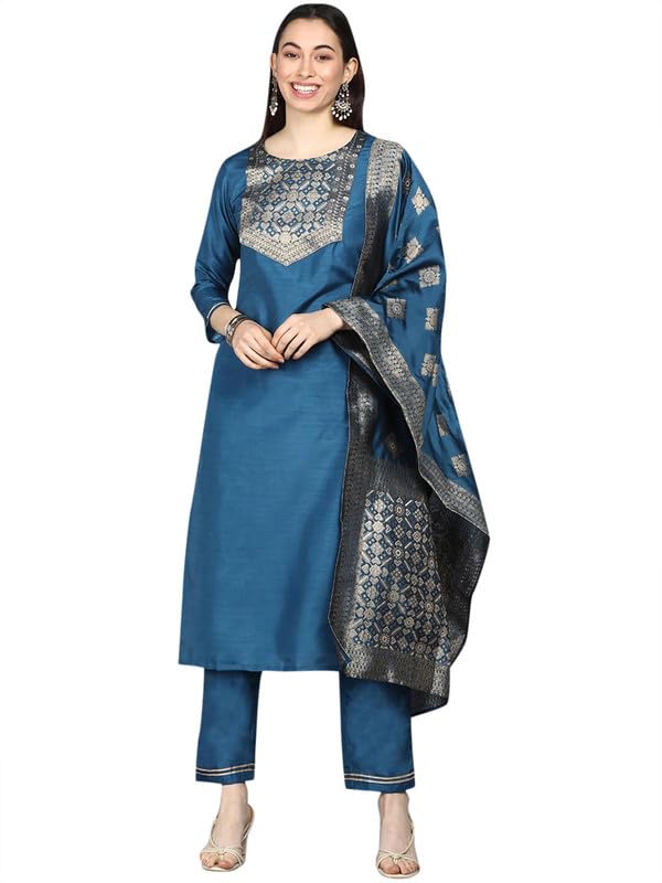 Image of Vaamsi Women's Poly Silk Ethnic Motifs Yoke Design Straight Kurta Set with Dupatta