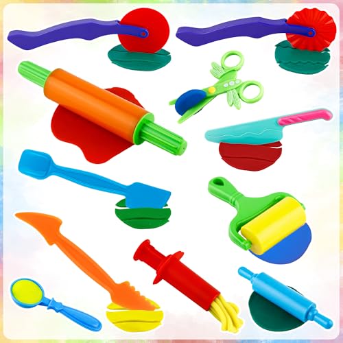 Oun Nana Playdough Tools 11 PCS Basic Playdough Starter Set for Kids, Playdough Accessories with Pizza Cutter, Safety Scissors, Rolling Pin, Roller, Dough Extruder, Spoon, Carving Tools, Plastic Knife - Thumbnail 3