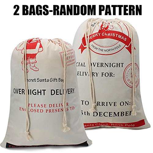 Value Pack Christmas Bags Santa Stocking Gift Sack Express Delivery Present Bag Red Drawstring Gift Bag Large Size-20"X28"-2 Pack Random Christmas Theme #TOP1