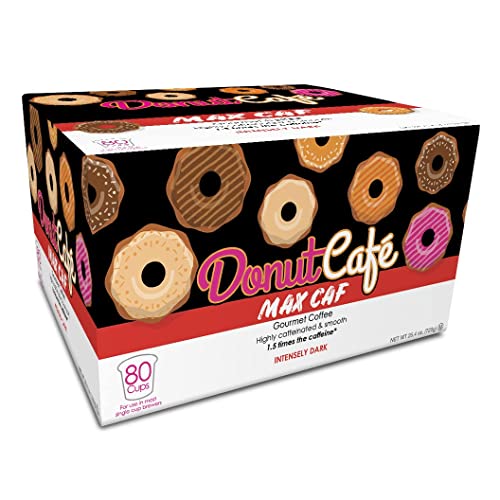 Image of Donut Cafe Max Caf - Bold & Powerful High Caffeine Intensely Dark Roast Coffee Pods - For Keurig K Cup Brewers - Certified Non-GMO, Gluten-Free, Kosher - 1.5X Caffeine - 80 Count