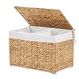 LGENHOOM Storage Basket with Lid, Woven Wicker Shelf Basket with Removable Liner, Metal Frame Rattan Storage Trunk with Handle for Laundry, Bedroom, Living Room, Office (Natural, 65L)