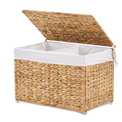 LGENHOOM Storage Basket with Lid, Woven Wicker Shelf Basket with Removable Liner, Metal Frame Rattan Storage Trunk with Handle for Laundry, Bedroom, Living Room, Office (Natural, 65L)