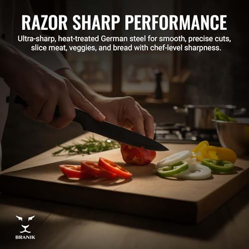 BRANIK Titanium Series 6-Piece Kitchen Knife Set – Non-Stick Stainless Steel Chef Knives with Ultra-Sharp Blades, Ergonomic Handles & Protective Sheaths – Professional Kitchen Knives – Black - Image 4