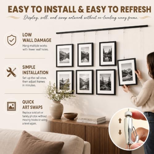 Image of Lineshading Gallery Wall Frame Set of 9,Hanging Photos Display Bulk, Black | Adjustable Picture Rail Hanging System, Wall Decoration with Mat,holds 8x10 and 4x6 sizes, mounting hardware included