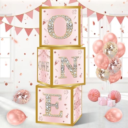 DataMoon 1st Birthday Decorations Boxes for Baby Girl - 3PCS Pink Rose Gold Onederful First Birthday Balloons Boxes, One Year Old Happy Birth Party Theme Cardboard Box for Cake Smash Photo Props