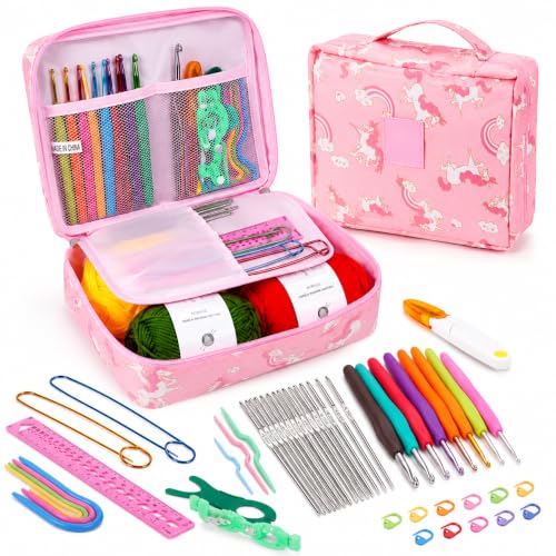 Image of Crochet Kit for Beginners Adults, Crochet Kits Include Yarn, 107Pcs Crochet Starter Kit for Beginners Kids, Ergonomic Crochet Hooks Travel Knitting Crochet Supplies (pink unicorn 58Pcs Crochet)