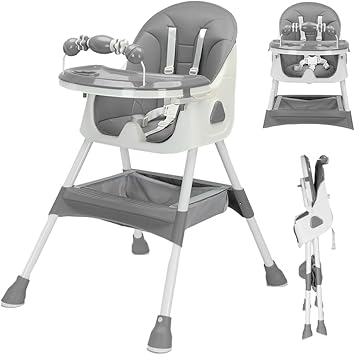 UBRAVOO 3-in-1 Baby HighChair, Foldable Portable Baby Dining Chairs Eat & Play Convertible High Chair with Double-Layer Dinner Plate and Toy Rack(Grey)