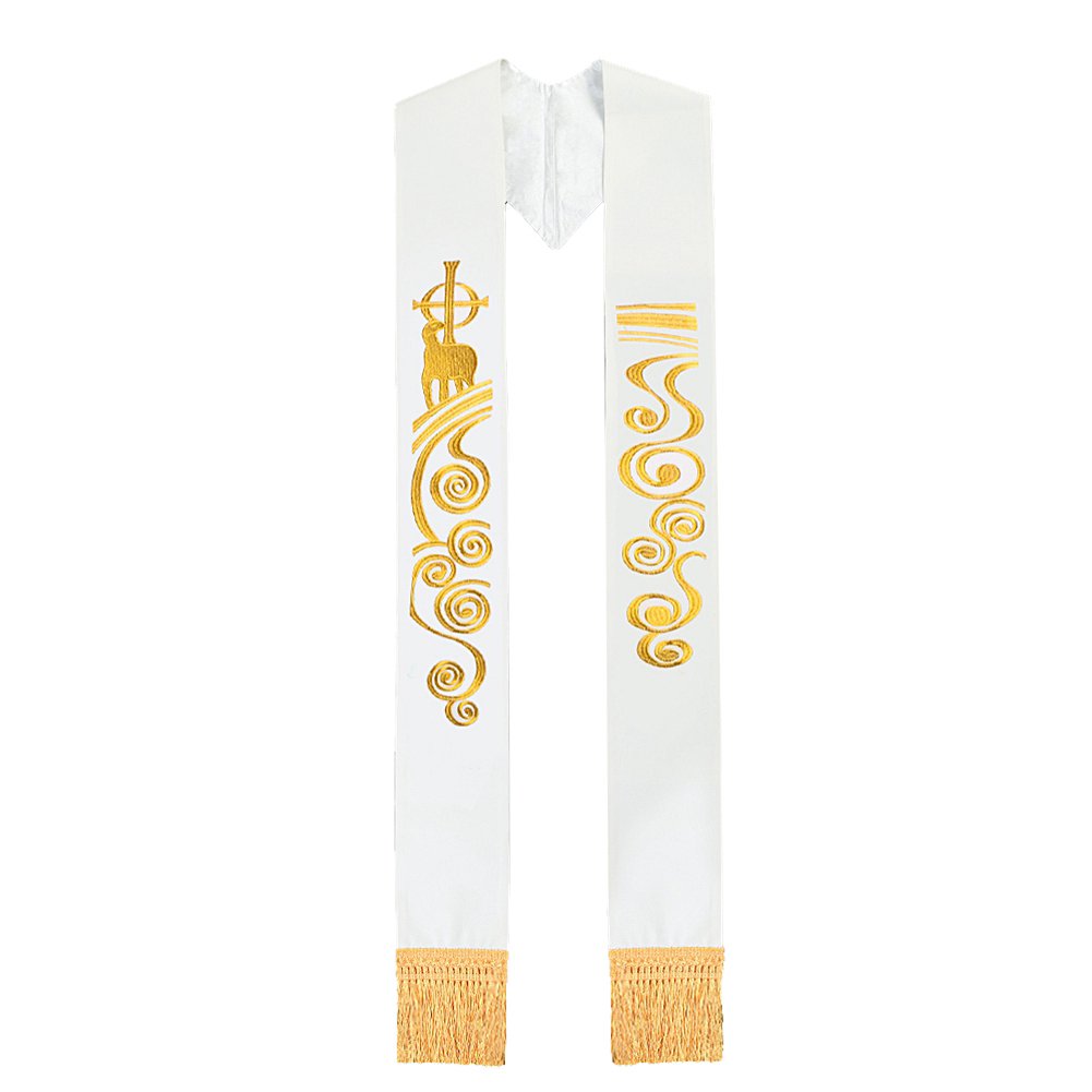 Blessume Men's White Chasuble Stole Vestts Holy Lamb Embroidery Stole (White)(Size: One Size)
