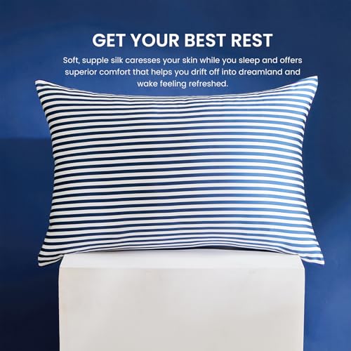 THXSILK Mulberry Silk Pillowcase for Hair and Skin Health, Grade 6A+ Mulberry Silk Pillowcase with Hidden Zipper, Soft and Breathable, 1pc (King 20"x36", Blue White Stripes)