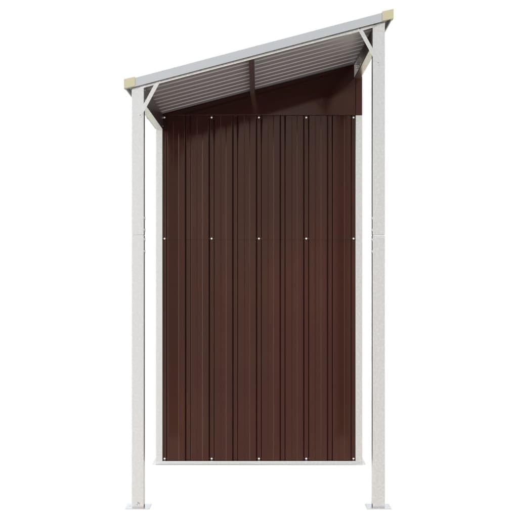 Domek ogrodowy z przedłużonym dachem brązowy 277x110,5x181 cm stal, domek ogrodowy, domek do przechowywania ogrodu, domek na narzędzia ogrodowe